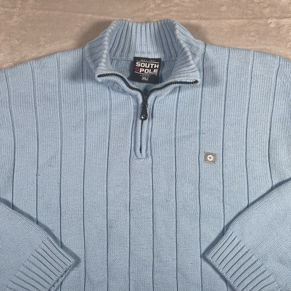 Southpole Vtg 90s Y2K Men's XL  1/4 Zip Sweater Ribbed‎ Striped Knit Baby Blue